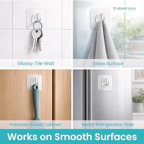 Image of BRAND VILLA Adhesive Wall Hooks Heavy Duty, Waterproof No Drill Clear Sticky Hooks for Bathroom Kitchen Shower, Strong Self Adhesive Hooks for Towels, Utensils, Keys - Damage-Free (20 Pack)
