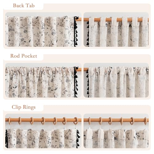 Image of MYSKY HOME Farmhouse Floral Boho Linen Blend Curtains with Black Tassels 63 Inch Length 2 Panels Semi Sheer Light Filtering French Cottage Bedroom Drapes Back Tab, 50 inch Wide Each Panel, Black