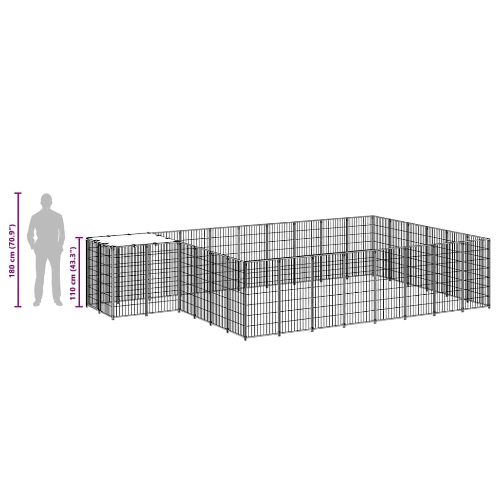 Perrera negra de acero de 15,73 m² con techo resistente al agua, puerta con cerradura, ideal como recinto exterior para cachorros, protección, seguridad y entrenamiento en el jardín