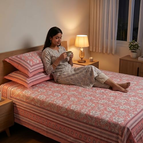 Image of Mafatlal 144 TC Pure 100% Cotton Double Bed Sheet with 2 Pillow Covers | 90 x 108 inches | Bedcover for Queen Size Bed, Jaipuri Prints | Peach Nude