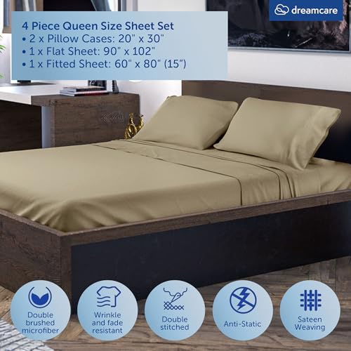 Image of DREAMCARE Queen Sheet Set - 4 pcs Breathable Cooling Sheets - up to 21 inch Extra Deep Pocket Queen Sheets Set with Side Pockets - Extra Soft 100% Brushed Hypoallergenic Hotel Luxury Bedding, Eucalyptus