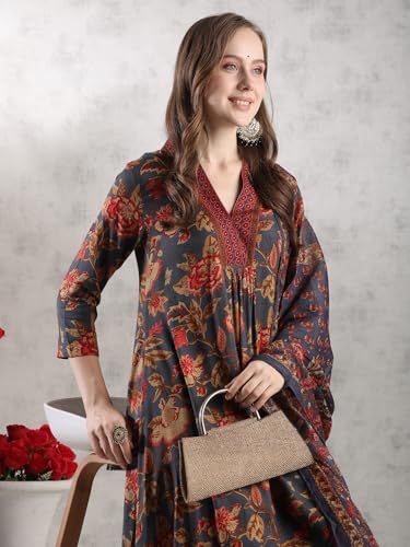 Image of GoSriKi Women's Rayon Viscose Anarkali Printed Kurta with Palazzo & Dupatta