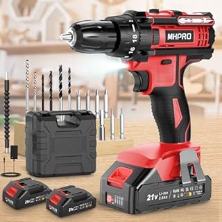 MHPRO Trapano Avvitatore Batteria 21V, Avvitatore a Batteria con 2 Batteries da 2.0Ah, 42N.m di Coppia, 2 Velocità, 18+1 Coppia, 14 Accessori, Luce a LED, Per il fai da te, in Casa e Giardino, Rossa
