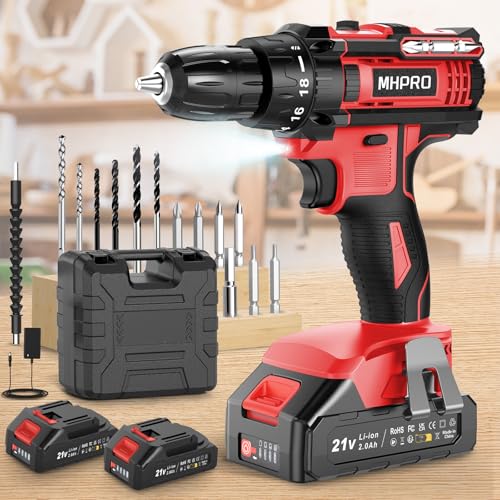 MHPRO Akkuschrauber 21V, Akku Bohrschrauber Set mit 2 Akkus und 14 Zubehöre, Werkzeugkoffer, Akkubohrer 42Nm Max Drehmoment, 18+1 Drehmomentstufen, 2-Gang, 10mm Bohrfutter, Akku Bohrmaschine für Haus