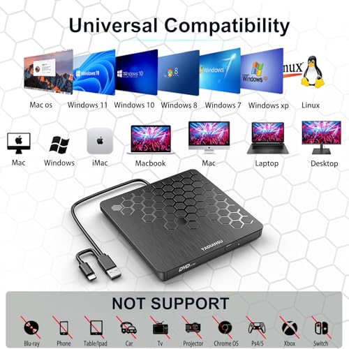 Image of External CD DVD Drive, 0.5″ Ultra Slim USB 3.0 Type-C DVD Player, CD DVD+ /-RW Optical Drive, Portable DVD CD Burner Reader Writer Recorder for Laptop, Desktop, Mac, Windows 11 /10 /8 /7, Linux, Black