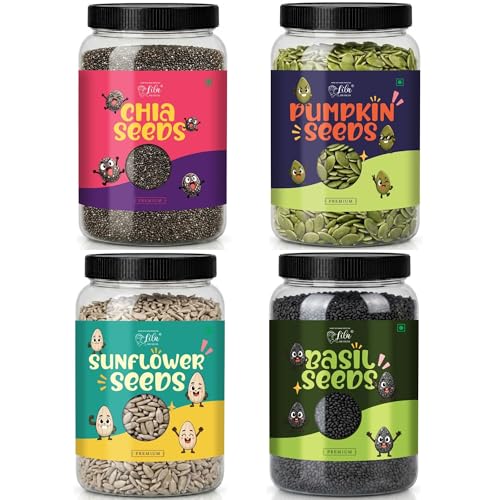 Image of LILA DRY FRUITS Seeds Combo Pack Pumpkin Sunflower Chia Basil Seed 100 g x 4 | Raw Mixed Super Seeds for Daily Nutrition, Smoothies, Salads & Healthy Snacking Perfect for Gifting