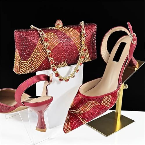 Wine Women Stones Shoes And Bag Set African Ladies Pumps Match With Handbag Purse Clutch Pointed Toes Sandals2