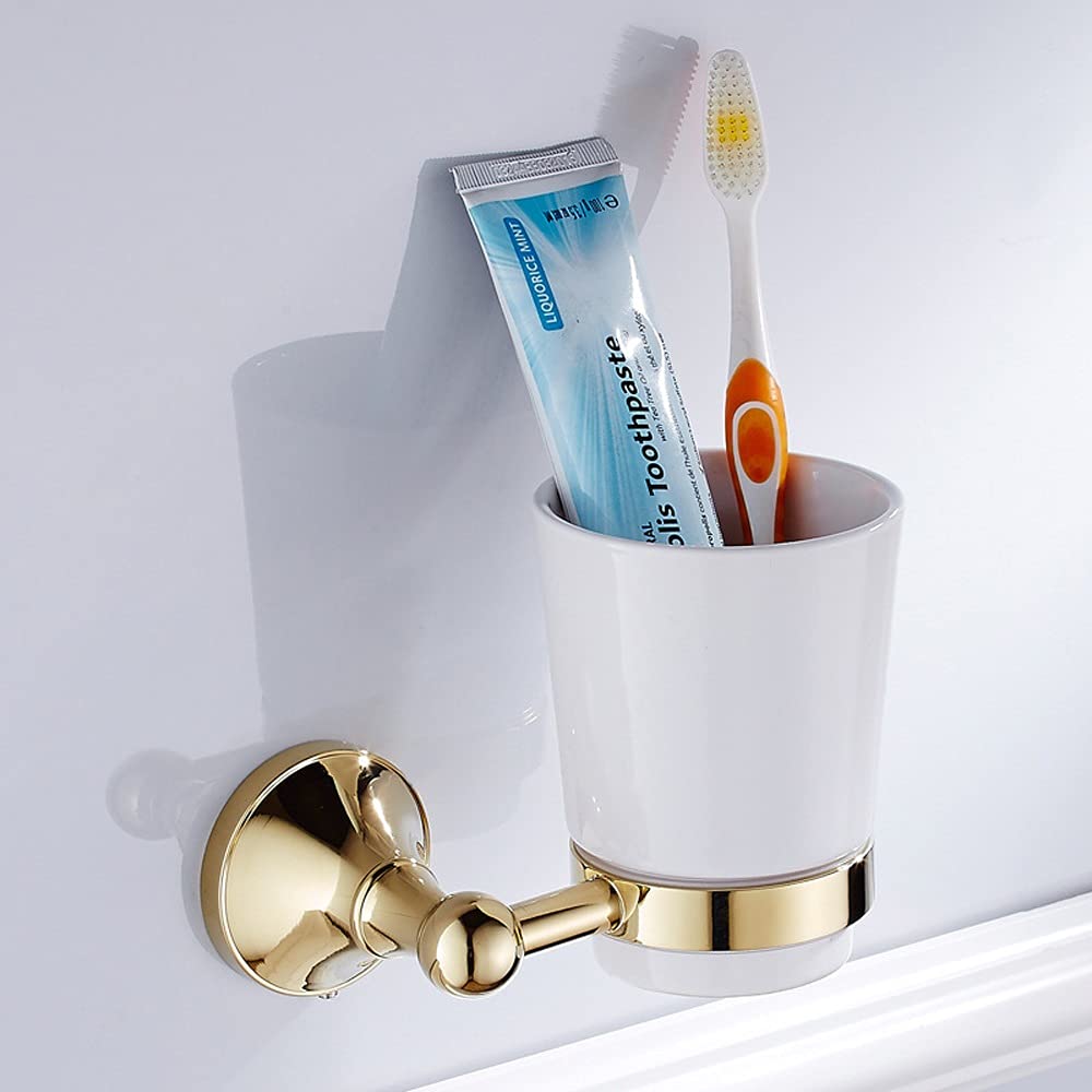Soporte para cepillos de Dientes de baño, Portacepillos de Dientes for baño, Soporte Pared cerámica con Vaso Esmerilado, Organizador Pasta, Almacenamiento for, Oro Cepillado, latón