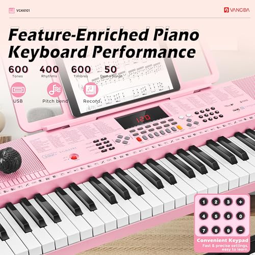 Image of Vangoa Pink Electric Piano Keyboard 61 Keys Light Up for Girls with Stand