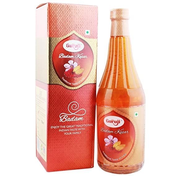 Image of Guruji Badam Kesar Syrup - Traditional Indian Almond & Saffron Drink Mix | Rich Flavor | Perfect for Milk, Shakes & Desserts | 1 LTR Pack