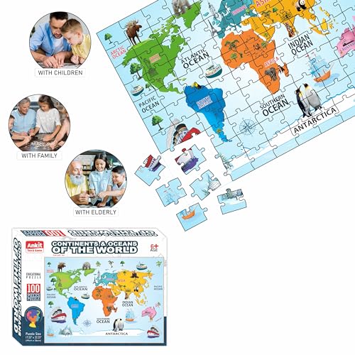 Image of Ankit Toys & Games 100-Piece Jigsaw Puzzles for Kids Ages 6+, Educational and Engaging Geography Puzzle with Vibrant Map Learning (Continents & Oceans Explore The World)