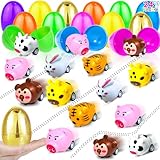 [1 Golden Egg]24Pack Prefilled Easter Eggs with Animals Pull Back Cars Toys Bunny Vehicle Plastic Surprise Eggs Kids Boys Girls Toddlers Easter Basket Stuffers Fillers Easter Eggs Hunt Party Favor