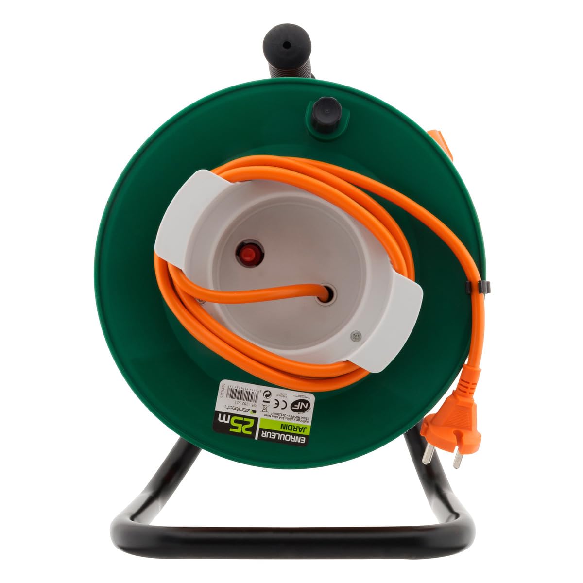 Zenitech - Enrollador de jardín estanco IP44 con cable naranja 2x1,5 mm² - 25m con toma 16A 2P+Tierra con solapa y disyuntor