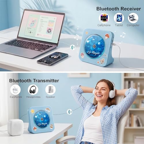 Image of Gueray CD Player Portable Bluetooth Desktop CD Player for Home with Timer Built-in HiFi Speakers with LCD Screen Display Boombox FM Radio USB Type-c (Blue)
