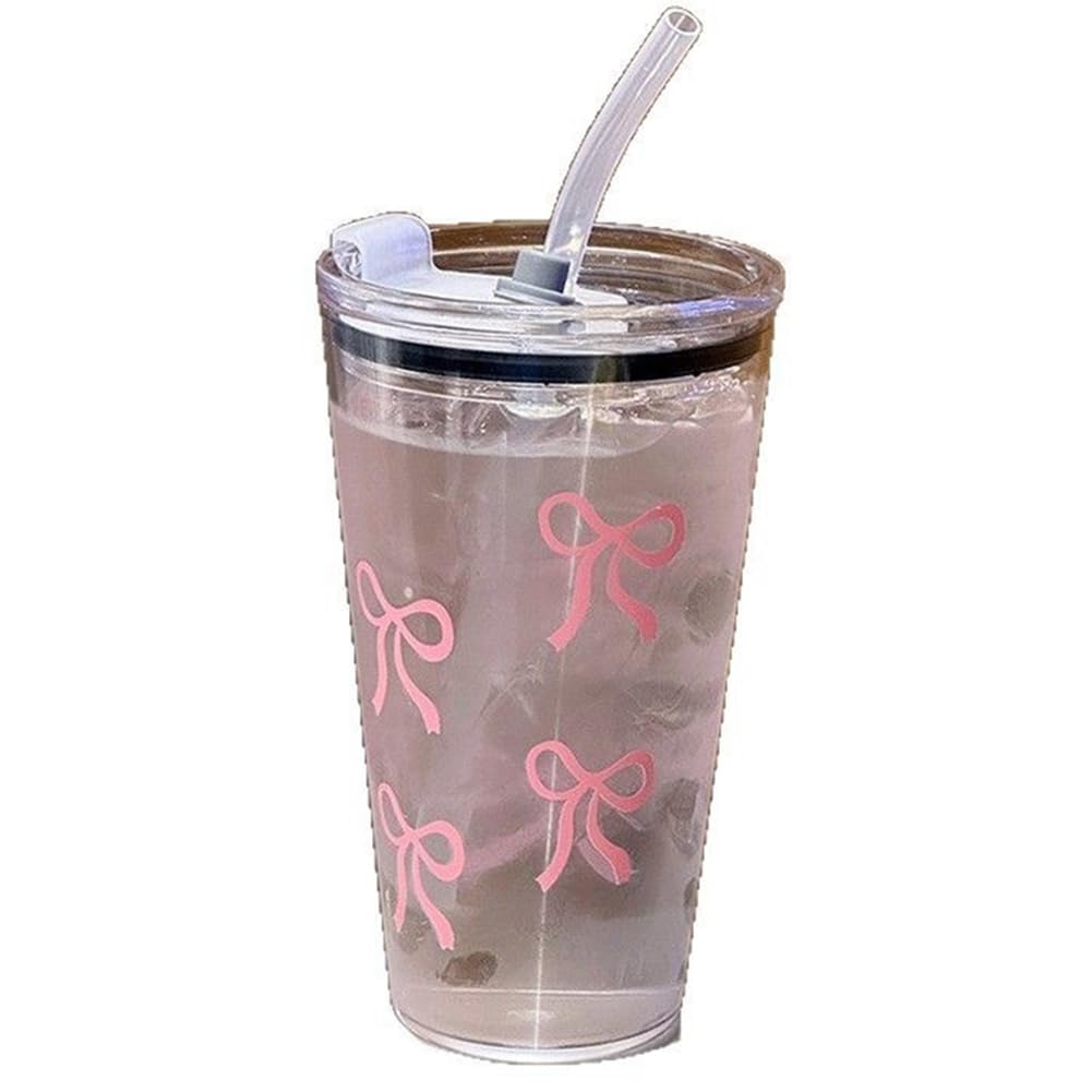 CTRLZS Pink 450ml Plastic Cup Transparent with Straw and Lid for Milk Coffee Beverages Home and Travel Use Drinking