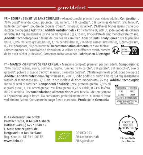 defu Hundefutter | 6 x 820 g | Bio Rind Sensitiv getreidefrei | Premium Bio Nassfutter Menü | Alleinfuttermittel für Hunde