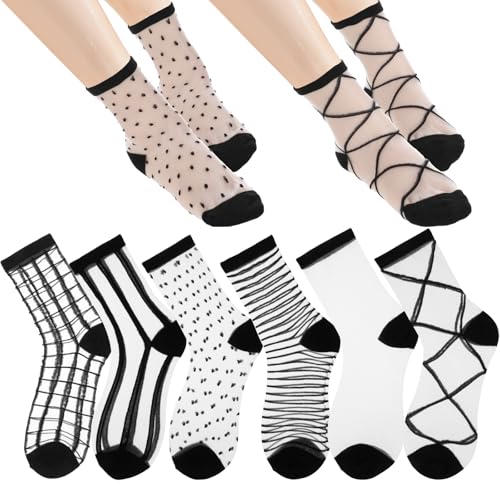 Ouligay 6 Pairs Sheer Socks Women Ankle,Multiple Styles Lace Socks Women,Acrylic Black Womens Trouser Socks,Transparent Mesh Socks for Women Girl(Round Neckline)