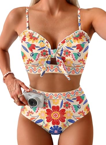 Herseas Women's Two Piece Plus Size Bikini Sets Knotted Front Push Up Boho Bathing Suits Stretchy Adjustable Spaghetti Straps Curvy Swimsuits Beach Vacation Clothes Multicolor Floral XX-Large