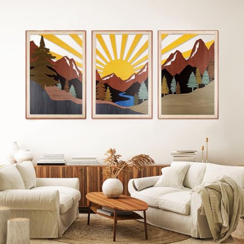 YiYa 3 Pcs Mountain Metal Wall Art Modern Sun Forest Wall Hanging Artwork Boho Metal Mountain Wall Decor for Home Living Room Bedroom - Image 4