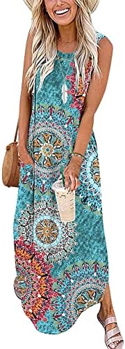 WNEEDU Women’s Maxi Dresses 2023 Summer Sleeveless Dress Casual Cover up Loose Sundresses Split Tshirt Dresses with Pockets