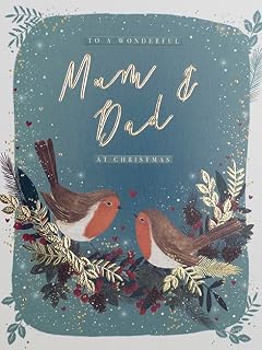 Paperlink Artistic Christmas Greeting Card - Mum & Dad - Robins on Branch - From The Starry Night Range - Embossed With A Gold Foil Finish, Multicoloured, 204 x 153mm