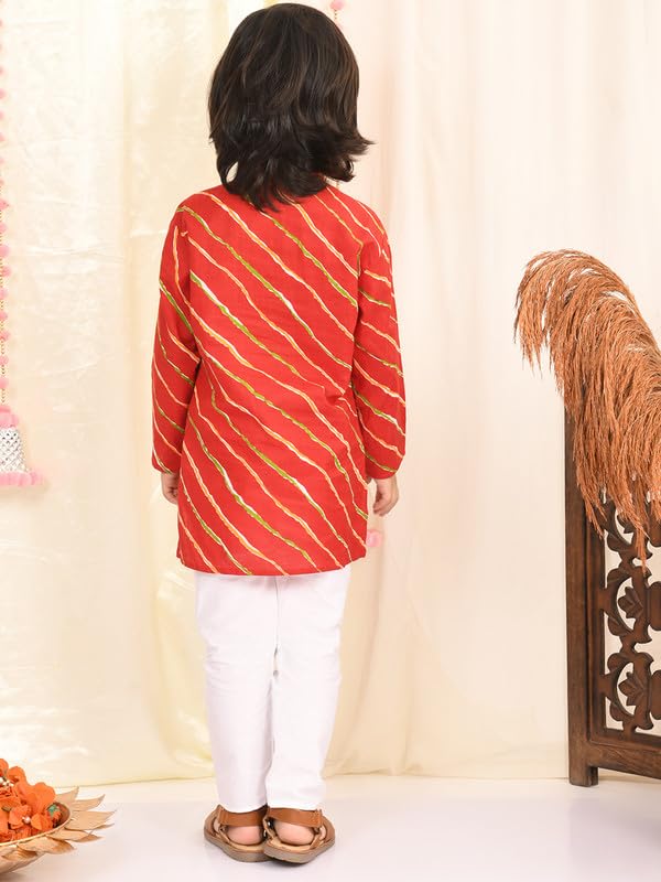 Image of superminis Cotton Boys Sanganeri Lehariya Printed Kurta Set with White Pyjama Elastic Closure