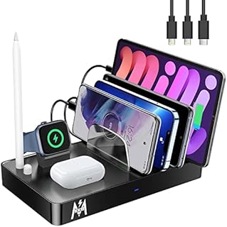 KKM Charging Station for Multiple Devices, 40W Fast 7 in 1 Charging Dock Multi USB Charger Station Compatible with iPhone/iPad/Cell Phone/Tablets/AirPods/Apple Pencil (3 Short Cables Included)