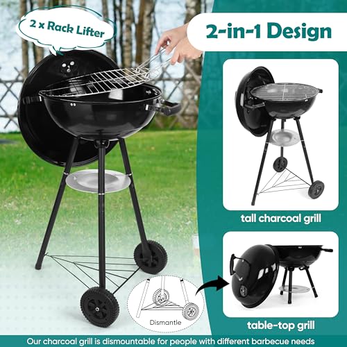HaSteeL 18 Inch Charcoal Grill, Black Kettle Outdoor Barbecue Grill, 2-In-1 Portable BBQ Grill with Wheels for Camping/Backyard/Patio/Picnic, Porcelain-Enameled Lid & Fire Bowl, 254.SQ.IN Cooking Area - Image 6