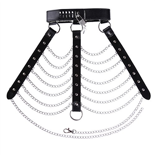 iiniim Women's Faux Leather Harness Punk Gothic Metal Chain Tassel Body Caged with Lock (One Size, Black)