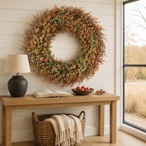Image of 32 inch Large Fake Eucalyptus Fall Wreath for Front Door Decor(Orange-Green) | Artificial Outdoor Wreath, UV and Water Resistant, for Porch /Window /Wall /Farmhouse /Home /Thanksgiving Day /Autumn Decor