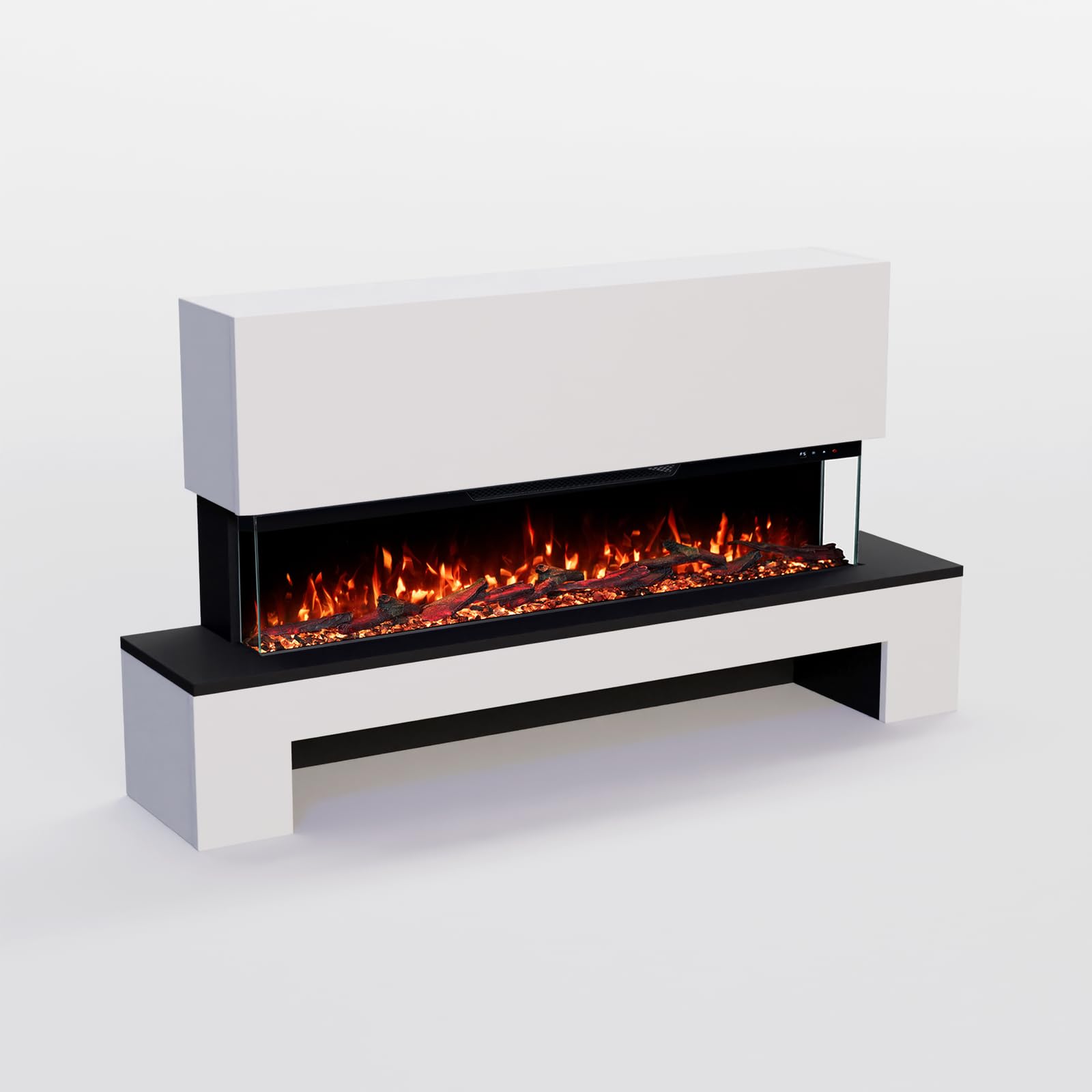 GF Core Elektrokamin Cobalt Holzfach mit realistischem 3D LED-Feuer - Stand-Elektrokamin mit Heizung und Kaminfeuer, App Steuerung, Knistereffekt & Timer, max. 1800 W, 137x75x29 cm, Weiss