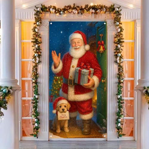 Image of BlissYard Door Cover Christmas Santa Puppy 35x71 Inch Polyester