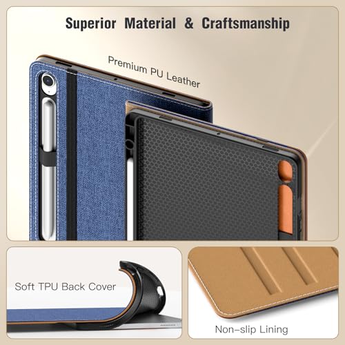 Image of MoKo Case for Samsug Galaxy Tab S10 Lite / S10 FE / S9 FE / S9 10.9 /11 Inch | Built-in S Pen Holder Case for Samsung Tablet (2025 /2023), PU Leather, Hand Strap & Front Pocket, Blue & Brown
