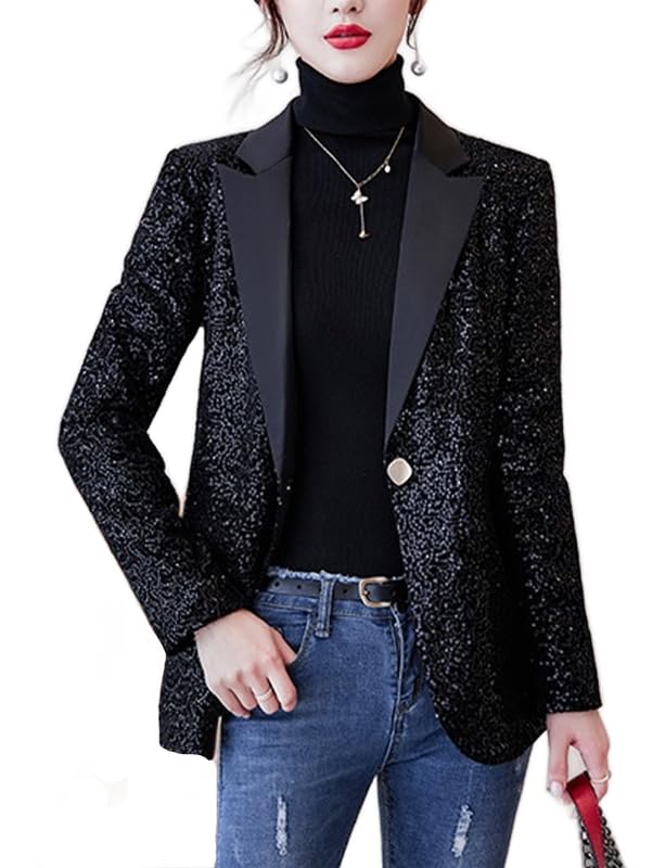 Blazers for Women Business Casual Petite Office Long Sleeve Shiny Sequins Suit Jacket for Holiday Party JNZJK001