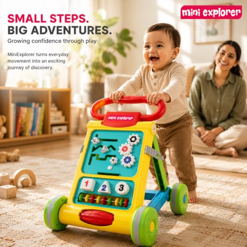 Image of MiniExplorer Baby Activity Walker for 6-15 Months, Foldable Push Walker for Babies, Toddler Learning Walker with Activity Panel, Walker for Boys & Girls, Anti-Slip Wheels & Interactive Toys - Yellow