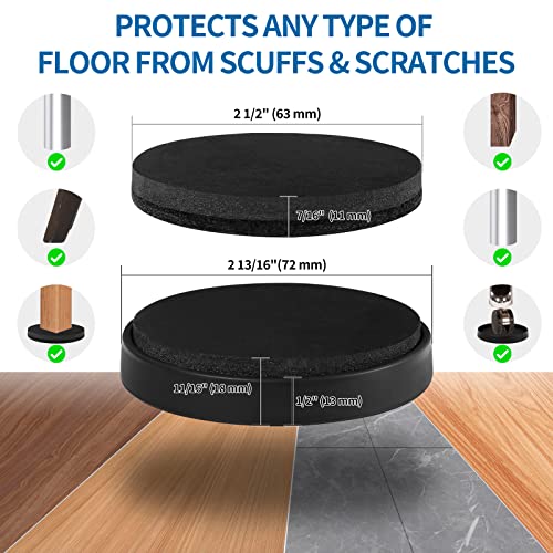 2 1/2" Round Furniture Pads - 8Pcs Furniture Coasters Caster Cups For Furniture Legs Floor Protector, Bed Stoppers Anti-Slip Rubber Grip Pad & 8Pcs Felt Furniture Sliders For Hardwood Floors, Black #TOP4