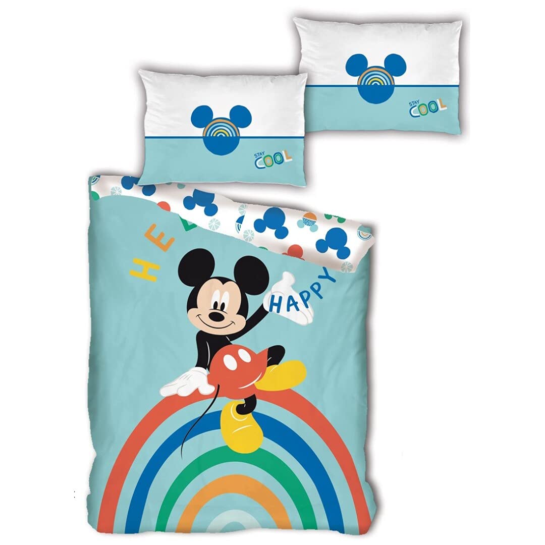 AYMAX S.P.R.L. Disney Mickey Mouse Rainbow - Juego de Cama (Funda nórdica de 140 x 200 cm y 1 Funda de Almohada de 63 x 63 cm)