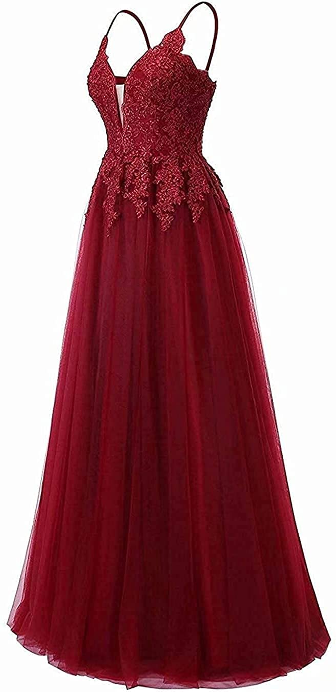 Vantexi Abito da sera da donna in pizzo per matrimonio elegante abito da sposa spaghetti spalline abiti da ballo