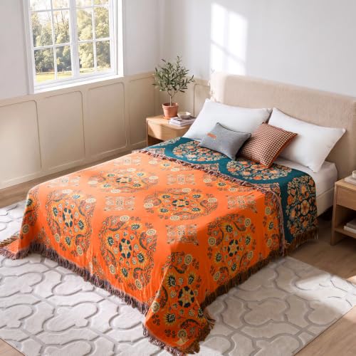 Image of LUTBM Boho Throw Blanket for Bed 60 inchx80 inch, 100% Cotton Orange Couch Blankets