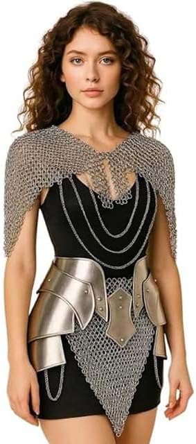 Medieval Chainmail Armor Costume, Silver, Female Fantasy Warrior Corset with Tasset and Chain Top for LARP, Cosplay, Halloween