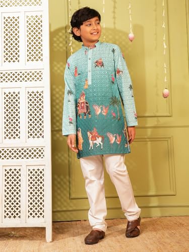 Image of AJ DEZINES Kurta Pajama For Kids Boys | Cotton Printed Chikankari Kurta Pyjama Set For Boys | Traditional & Festive Outfit | Party & Ethnic Wear | Stylish Kids Kurta Set