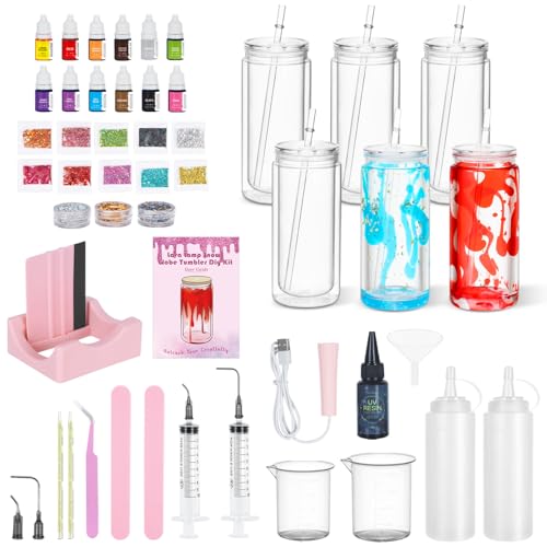 Snoverre 6 Pack 20 Oz Acrylic Dual Lava Lamp Snow Globe Tumbler DIY Starter Kit Double Wall Plastic Pre-Drilled Snowglobe Tumbler Supplies Craft Tool Set