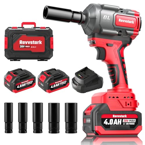 Revvstark Cordless 1/2” Impact Wrench, Max Torque 600 Ft-lbs / 800 N.m Power Impact Gun, 20V 1/2 Electric Impact Driver, 3-Speed 3500 RPM, 2x 4.0Ah Battery & 5Pcs Impact Sockets, Hard Case Included