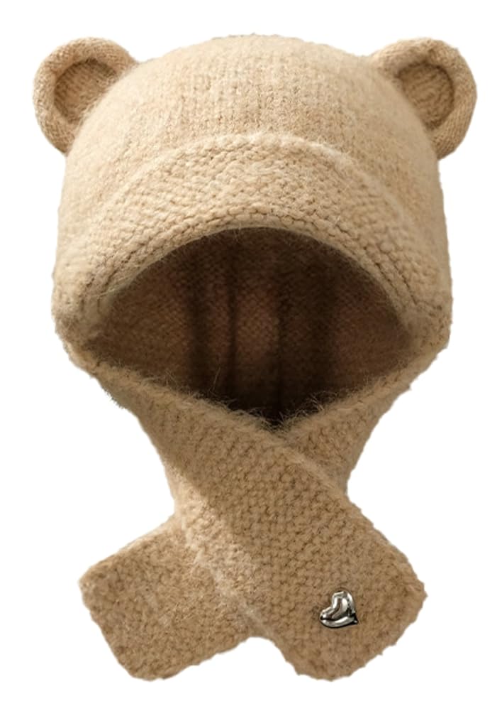 Women's Knitted Beanie Hat Cute Ears Russian Ushanka Hat Soft Skull Cap Winter Warm Trapper Cap with Earflap Black