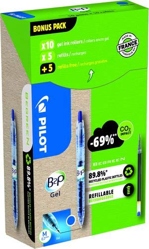 Pilot Greenpack B2P Eco Gel, 0.7mm, Blue, 10 Pens and 10 Refills, WLT556206