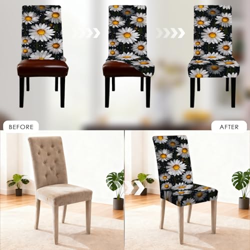 Image of Nuxovilar 6PCS White Daisy Dewdrop Dining Chair Seat Covers Milk Silk | Stretch Slipcover Furniture Protector Daisy Wrap Seat Guard Dining Room Morning Brunch Home Kitchen (Dewdrop Floral)