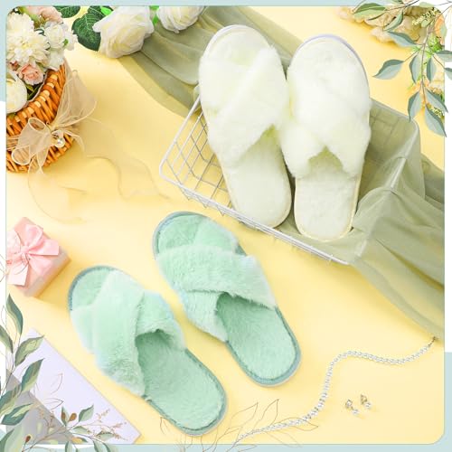 7 Pairs Sage Green Blue Bridesmaid Slippers Purple Women's Cross Band Fuzzy Bridal Party Slippers Bachelorette Gifts for Wedding Bridal Shower Party2