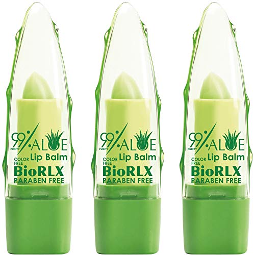 BioRLX 99% Aloe Vera Color Free and Paraben Free Soothing Lip Balm Naturally Moisturize and Heal Damaging Wind,Harsh Sun,Weather Changes.It Repairs Dry (Aloe Vera Color Free, Three Lip Balms)
