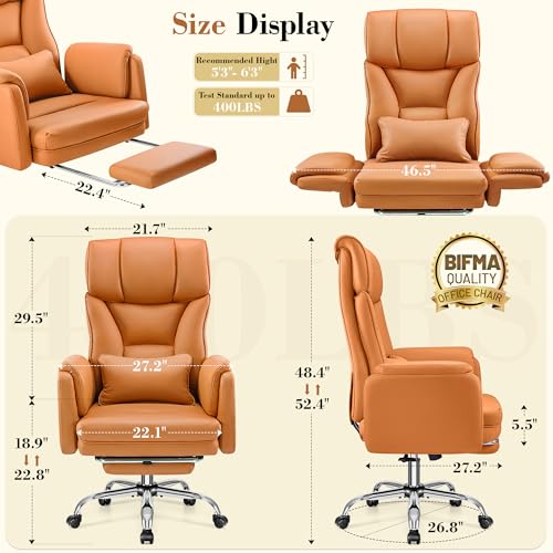 Image of Big and Tall Office Chair, 400LBS Wide Leather Gaming Chair with Footrest, High Back Executive Chair, Reversible Armrest for Pets, 135 Reclining Cross Legged Desk Chair with Lumbar Support(Brown)