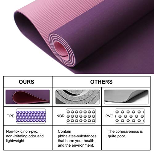 ECPurchase Yoga Mat with Carrying String Bag, Extra 6mm(1/4\") Thickness Dual Texture Design Non Slip Exercise & Fitness Mat for All Types of Yoga, Pilates and Floor Workouts (Pink)
